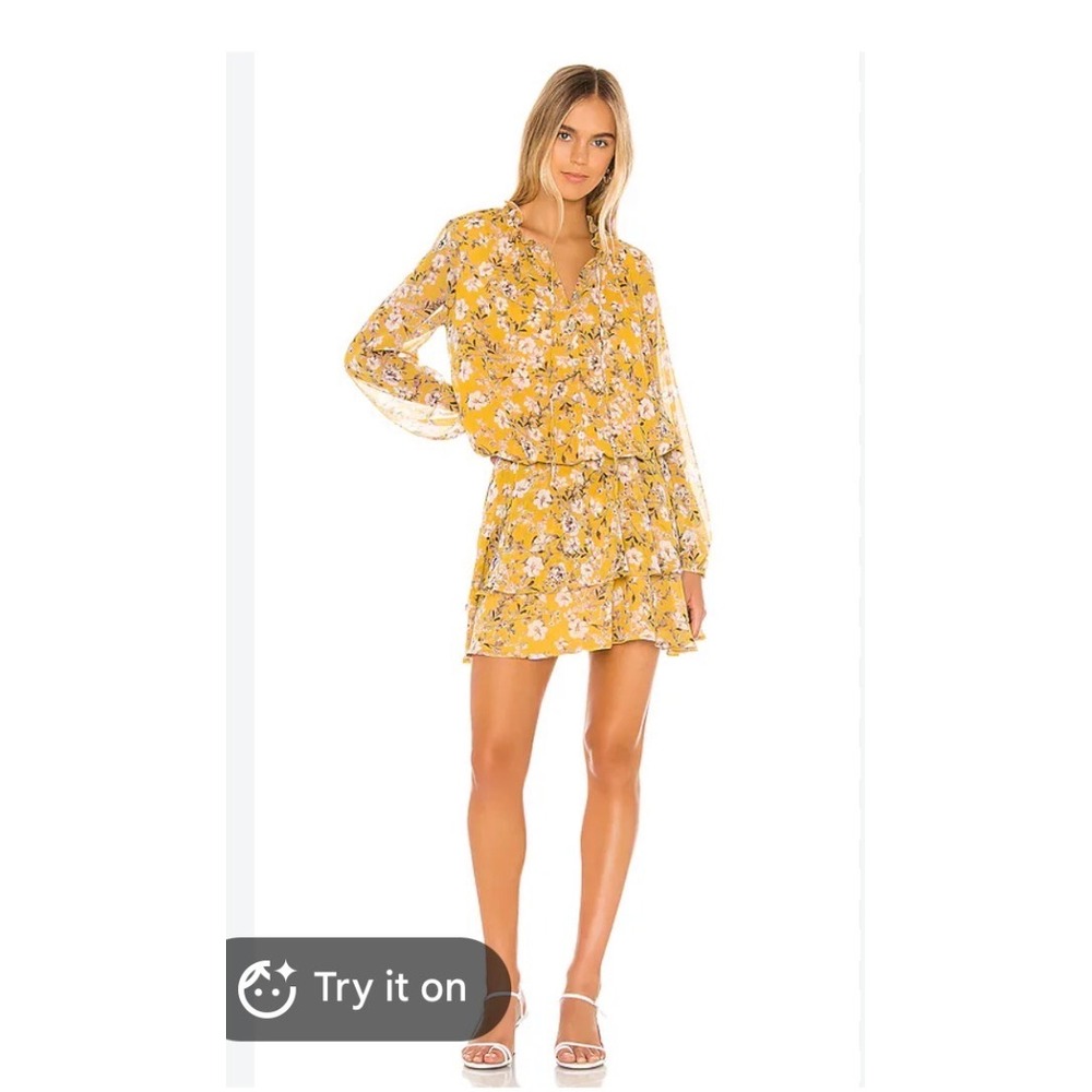 Show Me Your Mumu Yellow Floral Smocked Mini Dress Long Sleeve Ruffle S